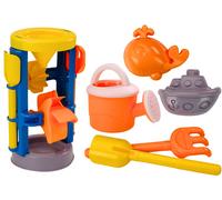 Grande set da spiaggia con mulinello, paletta, rastrello, annaffiatoio e formine