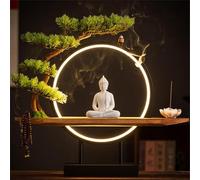 Grande Statua Buddista con Albero Artificiale e Tavolo Circolare a LED, Figura di Buddha Lampada da Parete Lampada da Parete 3D Lampada da Parete a Luce Zen Decorazione da Parete appesa Opera