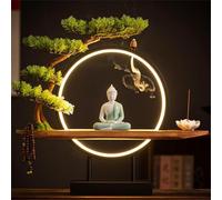 Grande Statua Buddista con Albero Artificiale e Tavolo Circolare a LED, Figura di Buddha Lampada da Parete Lampada da Parete 3D Lampada da Parete a Luce Zen Decorazione da Parete appesa Opera