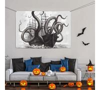 Grande striscione decorativo per feste, sfondo personalizzato da appendere alla parete, striscioni per compleanno bandiera da cortile bianco e nero polpo e nave sfondo fotografico per feste di