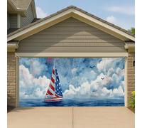 Grande striscione per garage con barca a vela patriottica, copertura per sfondo di fuochi d'artificio americani nautici, decorazione per esterni per il giorno dell'indipendenza estiva 390 x 180 cm