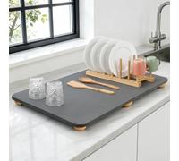 Grande tappetino scolapiatti in pietra per bancone della cucina con griglia in bambù, 61 x 40,6 cm, in terra di diatomee, con 6 piedini in legno, super assorbente, asciugatura rapida, si abbina a