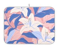 Grande tappetino scolapiatti resistente al calore con fiori di giglio bianco e foglie blu, 45 x 61 cm