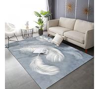Grande tappeto lavabile antiscivolo per soggiorno e camera da letto, design con piume bianche su sfondo azzurro, 120 x 200 cm, perfetto per la decorazione della casa e il comfort