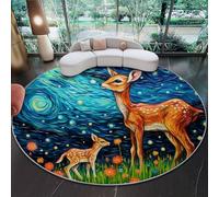 Grande Tappeto Rotondo 180 cm, Stile Notte Stellata Cerbiatto Foresta Incantata Tappeto per Salotto e Soggiorno, Pelo Corto Antiscivolo, Elegante Moquette per Camera da Letto e Sala da Pranzo Blu