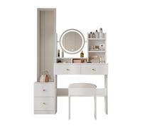 Grande tavolo da toeletta bianco con specchio Vanity, specchio girevole, specchio a tutto il corpo, illuminazione a LED e presa elettrica, con sgabello, 4 cassetti e 5 scomparti aperti, per camera da
