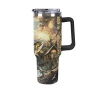 Grande tazza termica da viaggio per auto, a prova di perdite, riutilizzabile, per ufficio, casa e all'aperto, pesce e capanna in legno nella foresta