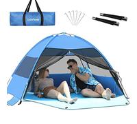 Grande tenda da spiaggia facile da installare, anti-UV, tenda da spiaggia a baldacchino con pavimento esteso e 3 finestre arrotolabili in rete, adatta per 3-4 persone, tenda parasole portatile per