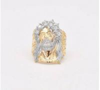Grande Uomo Gesù Testa Pepite Anello Cz Vero Massiccio 10K Giallo Oro Bianco