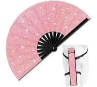 Grande ventaglio pieghevole glitterato con fondina per cintura, in ABS leggero, portatile, accessorio rinfrescante per festival, rave, feste (ventaglio rosa glitterato)