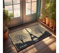 Grande zerbino per porta d'ingresso, per esterni con luna piena che sorge: una Torre Eiffel con silhouette romantica, zerbino per porta d'ingresso, per esterni e casa (50 x 80 cm)