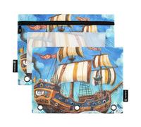 Grandi astucci con cerniera con finestra trasparente nave pirata vela sul mare misterioso astuccio in colori assortiti 3 anelli raccoglitore scuola classe ufficio organizzatori multicolore 2 pezzi