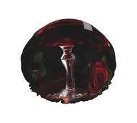 Grandi berretti da doccia con stampa di rose di vino rosso e candele, cappello per capelli con fascia elastica, doppio strato impermeabile per donne uomini e bambini