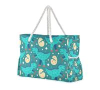 Grandi borse portatili in dinosauro verde cartone animato con tasche laterali, grande borsa weekend con tasche con cerniera