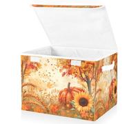 Grandi contenitori pieghevoli in tessuto con coperchi, 41,9 x 32 x 30 cm, girasoli con petali dorati, zucche, spighe di grano e foglie autunnali, coprono una terra scatole portaoggetti pieghevoli