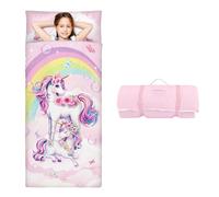 Grandi Dimensioni Sacco a Pelo Bambino con Rimovibile Cuscino 170×75cm, Pieghevole Nap Mat Caldo per Bambini Ragazze, Nap Mats con Doppia Cerniera per Campeggio, Scuola Materna e Asilo, Unicorno