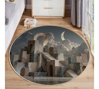 Grandi Tappeti Rotondo Tappeto Soggiorno In Architettura Geometrica 120 Cm, Tappeto Camera Da Letto In Paesaggio Medievale Antiscivolo Sottile Lavabile Morbido Tappeti Da Bagno Grigio Antracite