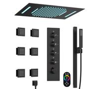 GRANDJOY Sistema doccia termostatico con 6 getti corpo, 58,4 x 38,1 cm, rubinetto a cascata da soffitto con spruzzatore portatile e 64 luci a LED, nero opaco