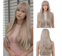 GrandSail Aschblonde Perücke, große Wellen, lange Locken mit Pony, synthetische, hitzebeständige 26-Zoll-Damenperücke für den Alltag, Partys, Cosplay