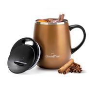 GRANDTIES Tazza da caffè isolata con manico, coperchio scorrevole per thermos da 460 ml, a doppia parete, in acciaio inox, mantiene le bevande calde e fredde, color cognac metallizzato