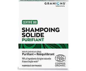 Granions Shampoo Solido Purificante E Riequilibrante per Capelli Grassi, Con Argilla Verde, Certificato Biologico, 98% di Ingredienti Naturali, Chioma Sana, Idratata, Non Appesantisce, Granions