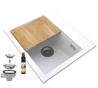 GRANITAN Foxal, lavello da cucina in granito - sifone di alta qualità, lavello in granito con sifone manuale, set completo da cucina, guarnizione per lavello, tagliere da cucina in legno