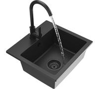 GRANITAN Lavandino Cucina 44,5x41,5 cm - Lavandino Cucina - Lavello 1 Vasca Sifone - Lavabo Cucina Lavello da Cucina con Rubinetto - Lavello in Granito Due Fori + Tappo - Nero profondo (Nero Siphon)