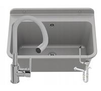 GRANITAN Lavandino da Esterno Moderno per Garage e Lavanderia - Lavatoio per Installazione Interna ed Esterna - Pilozzo da Esterno Giardino - 61x41x30 cm - (Grigio + FLEX Miscelatore per lavabo)
