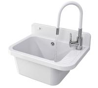 GRANITAN Lavandino da Esterno Moderno per Garage e Lavanderia - Lavatoio per Installazione Interna ed Esterna - Pilozzo da Esterno Giardino - 50x34x31 cm - (Bianco + Rubinetto del Lavello FLEX)