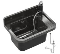 GRANITAN Lavandino da Esterno Moderno per Garage e Lavanderia - Lavatoio per Installazione Interna ed Esterna - Pilozzo da Esterno Giardino - 50x34x31 cm - (Nero + Miscelatore Estraibile Lavello)