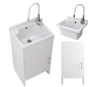 Granitan Lavello con base + miscelatore da cucina, in plastica, per garage, cantina e officina, con ante su entrambi i lati, 42 x 34 x 24 cm, bianco