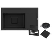 Granitan Lavello in granito 81 x 50,5 x 22 cm - Lavabo per cucina con moderno tappo di scarico - Elegante lavello in granito con scolapiatti - Lavello da incasso con sifone - Nero