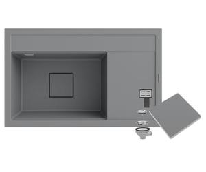 Granitan Lavello in granito 81 x 50,5 x 22 cm - Lavabo per cucina con moderno tappo di scarico - Elegante lavello in granito con scolapiatti - Lavello da incasso con sifone - Grigio