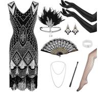 Grantop 9 pezzi costume da donna anni '20, Charleston frange, abito da donna anni '20, scollo a V anni '20, con accessori anni '20, collane e orecchini, per feste anni '20