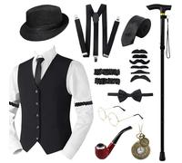 Grantop Accessori da uomo, anni '20, accessori da uomo, Mafia, costume da Carnevale, costume da Gatsby, gilet Fedora, cappello, baffi, per uomo, carnevale, Halloween, cosplay (nero, M)