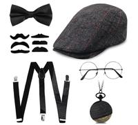 Grantop Accessori da uomo anni '20, costume da gangster da 20, accessori da uomo, costume Mafia Gatsby, cappello Panama elastico bretelle baffi e orologio da tasca sigaro…