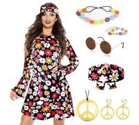 Grantop Hippie, costume da donna, vestito da donna e accessori hippie, costume hippie 70 da donna, con collana, orecchini, occhiali da sole, costume da discoteca (stile 1, XL)