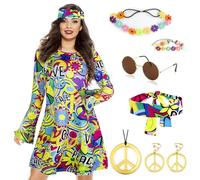 Grantop Hippie, costume da donna, vestito da donna e accessori hippie, costume hippie 70, da donna, con collana, orecchini, occhiali da sole, costume da discoteca (stile 2, XXL)