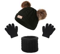 Grantop Set Invernale per Bambini - Sciarpa, Guanti Rotondi, Cappello Con Doppio Pompon - Caldo Berretto Invernale per 1-5 Anni, Nero, 2