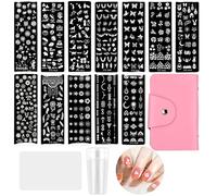 Granvoo 12pcs Nail Template Piastra per Unghie,Set di Nail Art Stamping con raschietto e timbro,Stampi per unghie con vari motivi,Strumenti per nail art,Adatti per nail art fai da te