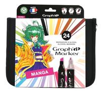 GRAPH’IT Astuccio 24 Marker Alcol Doppia Punta - Set Manga - Punta Fine e Scalpello - Illustrazione, Bozzetti, Scrapbooking e Colorazione - Kit Disegno Completo, Colori - Adulto, Bambino