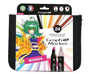 GRAPH’IT Astuccio 24 Marker Alcol Doppia Punta - Set Manga - Punta Fine e Scalpello - Illustrazione, Bozzetti, Scrapbooking e Colorazione - Kit Disegno Completo, Colori - Adulto, Bambino