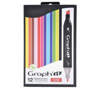 Graph'it - Set di 12 pennarelli ad alcool a doppia punta: Fine e smussato per disegno manga, illustrazione, colorazione, schizzi, scrittura - ricaricabile - Set classico