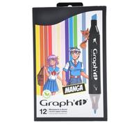 Graph'it - Set di 12 pennarelli ad alcool a doppia punta: Fine e smussato per disegno manga, illustrazione, colorazione, schizzi, scrittura - ricaricabile - Set Manga