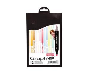 Graph'it - Set di 12 pennarelli ad alcool a doppia punta: Fine e smussato per disegno manga, illustrazione, colorazione, schizzi, scrittura - ricaricabile - Set Manga 2