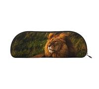 Grassland Lion Print Pencil Case Pen Pouch Leather Impermeabile Zipper Pencil Bag Per Ufficio Viaggio, Oro, Taglia unica, Semicircolare