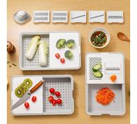 Grattugia 6 in 1 con cestello di scarico in plastica integrato, tagliere per cibi crudi e cotti e cinque lame intercambiabili