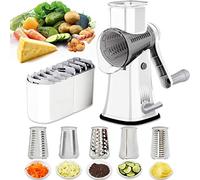 Grattugia girevole per formaggio 5 in 1, contenitore per mandolini, verdure, julienne, affettatrice per waffle, taglierina per noci con manico e forte base di aspirazione