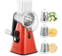 Grattugia per Formaggio Rotante, Reemix Taglia Verdure Manuale Mandolina per Verdure con 3 Acciaio Inox Pale Tamburo per Cucina Verdure, Patate, Carote, insalate, Manual and Safe Milling (Rosso)