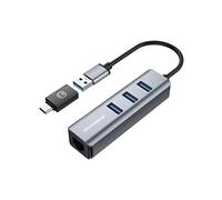 GRAUGEAR | 3 porte USB 3.0 HUB + Gigabit Ethernet LAN RJ45 | USB-C | USB-A | alloggiamento in alluminio | adattatore USB Type-C | adattatore LAN USB | G-HUB31L-A, grigio